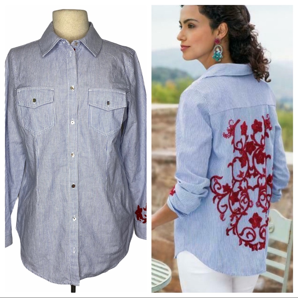 Soft Surroundings Striped Red Embroidered Button Down Blouse Top Medium